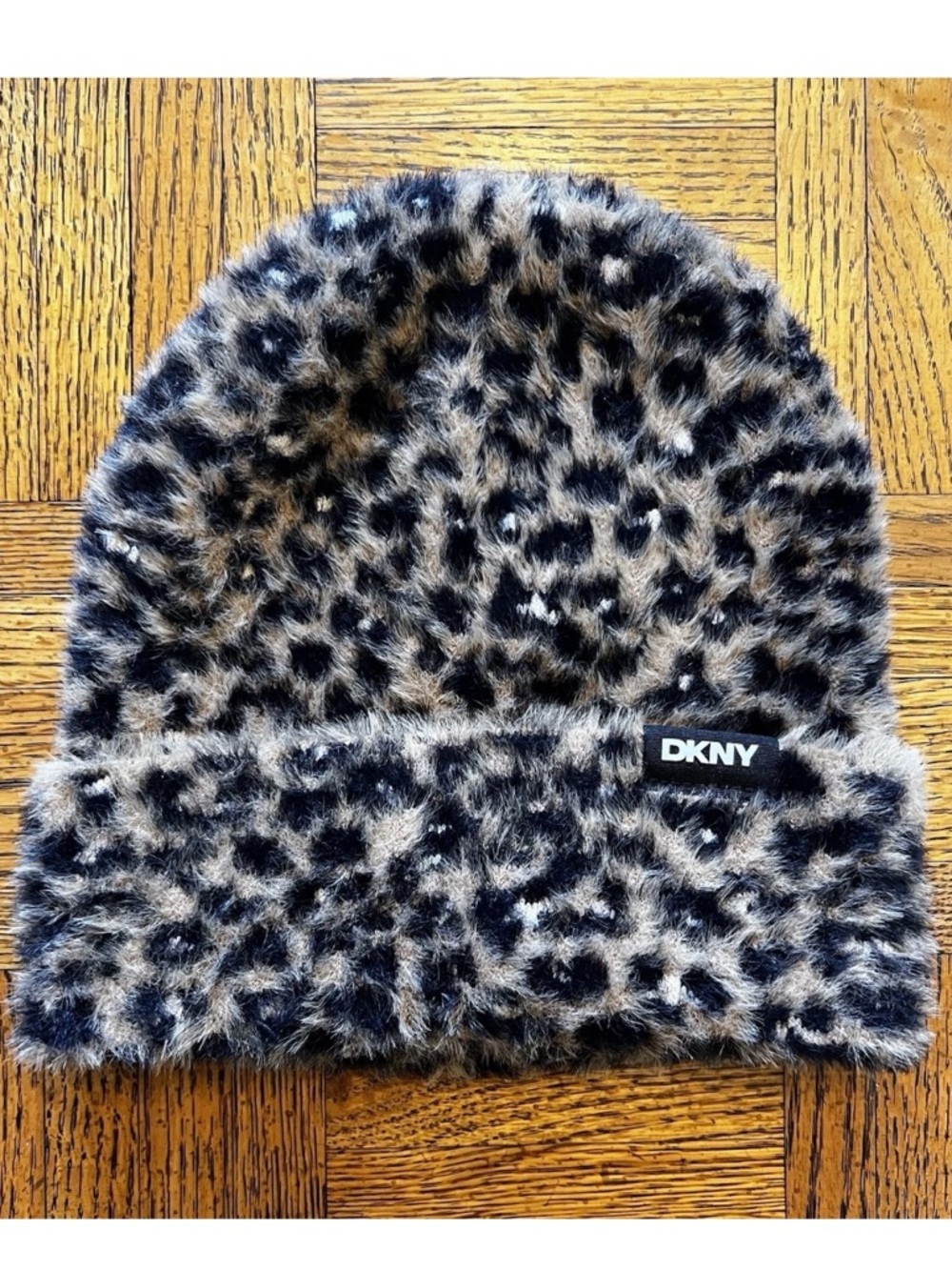 DKNY Women’s Faux Fur Leopard Print Beanie - Brown/Black